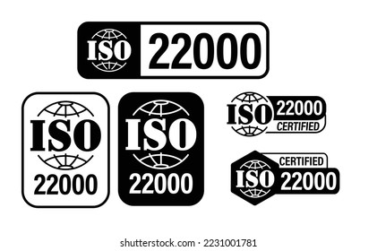 ISO standards quality control. ISO 22000 certified vector icon set, black in color