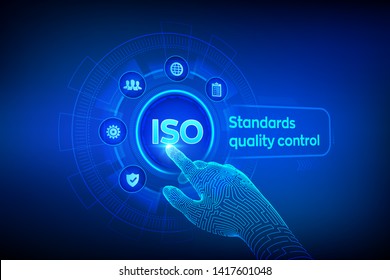 ISO standards quality control assurance warranty business technology concept. ISO standardization certification industry service concept. Robotic hand touching digital interface. Vector illustration.