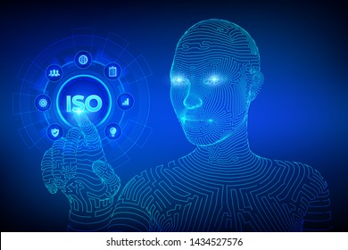 ISO standards quality control assurance warranty business technology concept. ISO standardization certification service concept. Wireframed cyborg hand touching digital interface. Vector illustration.