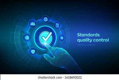 ISO standards quality control assurance warranty business technology concept. ISO standardization certification industry service concept. Robotic hand touching digital interface. Vector illustration.