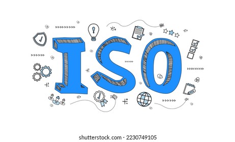 ISO standards quality control assurance warranty business technology concept. ISO banner with doodle icon concept vector illustrator infographic design.