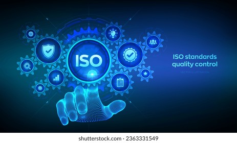 ISO standards quality control, assurance warranty business technology concept on virtual screen. Wireframe hand touching digital interface with connected gears cogs and icons. Vector illustration.