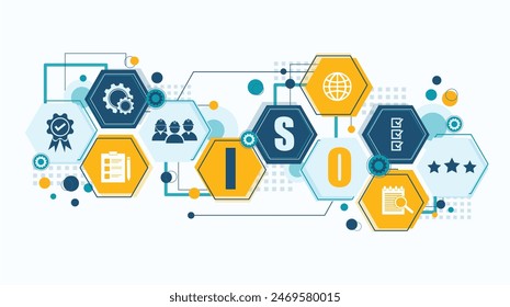 ISO-Normen Qualitätssicherung Garantie Geschäftskonzept. ISO Banner Icon Concept Vektorgrafik Illustrator Infografik Design.	