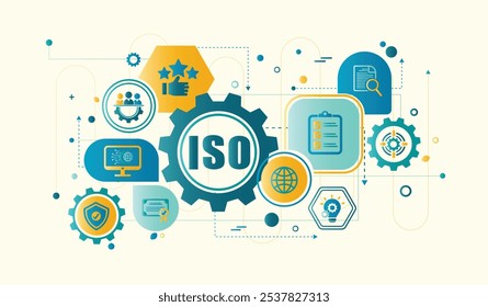 Conceito de tecnologia empresarial de garantia de controle de qualidade dos padrões ISO. Banner web ISO com ícones ilustrador vetor infográfico design.	
