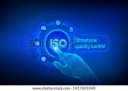 ISO standards quality control assurance warranty business technology concept. ISO standardization certification industry service concept. Robotic hand touching digital interface. Vector illustration.