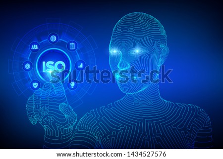 ISO standards quality control assurance warranty business technology concept. ISO standardization certification service concept. Wireframed cyborg hand touching digital interface. Vector illustration.