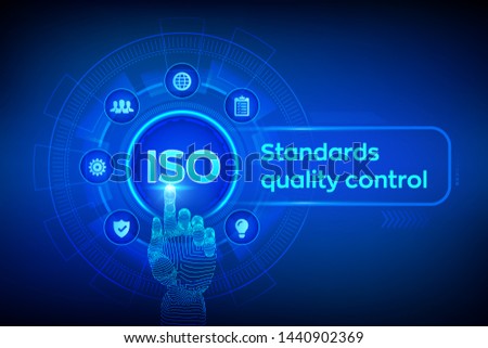 ISO standards quality control assurance warranty business technology concept. ISO standardization certification industry service concept. Robotic hand touching digital interface. Vector illustration.