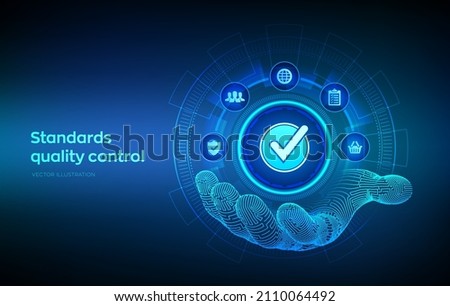 ISO standards quality control assurance warranty business technology concept. ISO standardization certification industry service concept. Accepted sign in robotic hand. Vector illustration.