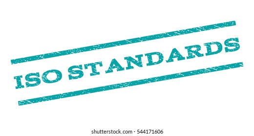 ISO Standards watermark stamp. Text tag between parallel lines with grunge design style. Rubber seal stamp with scratched texture. Vector cyan color ink imprint on a white background.