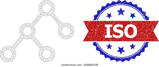 ISO textured stamp, and binary connections icon triangular structure. Red and blue bicolored stamp contains ISO text inside ribbon and rosette. Abstract flat mesh binary connections,