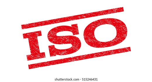 ISO watermark stamp. Text caption between parallel lines with grunge design style. Rubber seal stamp with unclean texture. Vector red color ink imprint on a white background.