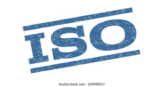 ISO watermark stamp. Text caption between parallel lines with grunge design style. Rubber seal stamp with scratched texture. Vector cobalt blue color ink imprint on a white background.