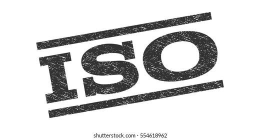 ISO watermark stamp. Text caption between parallel lines with grunge design style. Rubber seal stamp with unclean texture. Vector gray color ink imprint on a white background.