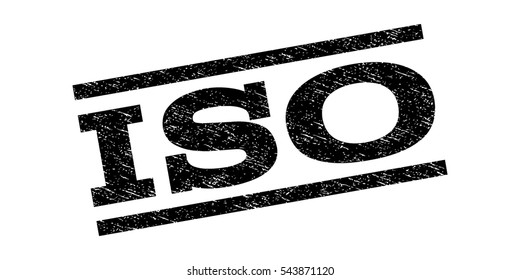 ISO watermark stamp. Text tag between parallel lines with grunge design style. Rubber seal stamp with dirty texture. Vector black color ink imprint on a white background.