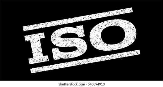 ISO watermark stamp. Text tag between parallel lines with grunge design style. Rubber seal stamp with scratched texture. Vector white color ink imprint on a black background.