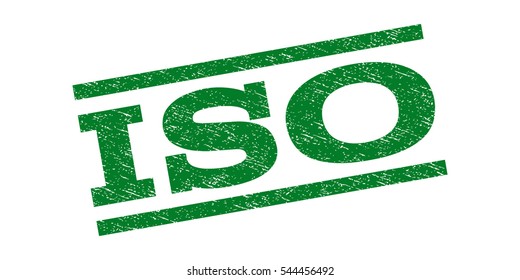 ISO watermark stamp. Text tag between parallel lines with grunge design style. Rubber seal stamp with scratched texture. Vector green color ink imprint on a white background.