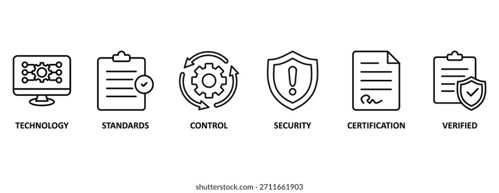 ISO27001 banner web icon vetor illustration concept for information security management system (ISMS) with an icon of technology, standards, control, security, certification, and verify (Conceito de ilustração vetorial de ícone da Web para o sistema de gerenciamento de segurança de informações (ISMS) com um ícone de tecnologia, padrões, controle, segurança, certificação e verificado)