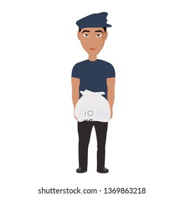 Isoalted vector japanese chinese worker male man carrying a package on hands on white 