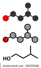 Isoamyl alcohol molecule. Stylized 2D renderings and conventional skeletal formula.