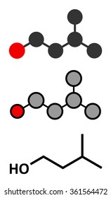 Isoamyl alcohol molecule. Stylized 2D renderings and conventional skeletal formula. 