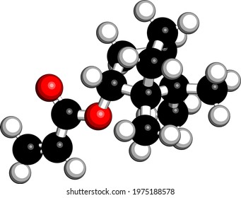 Isobornyl acrylate molecule. 3D rendering. Atoms are represented as spheres with conventional color coding: hydrogen (white), carbon (black), oxygen (red).