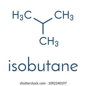 Isobutane (i-butane, methylpropane) alkane molecule. Used as refrigerant (in freezers and refrigerators) and as propellant (in aerosol sprays). Skeletal formula.