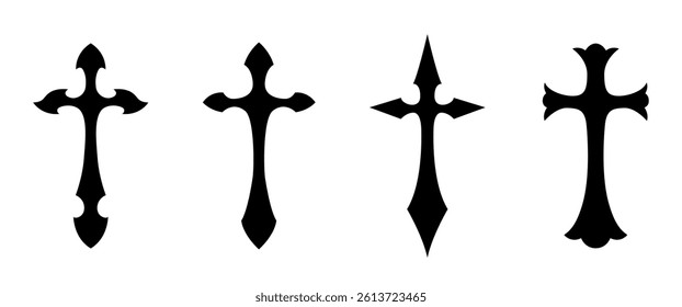 Isolaed Black Dark Cross symbol Tattoo, Cheistian icon, Clip art for Decoration, Gothic and Old Fashion style illustration, on white background (Editable)