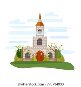 Isolat vector illustration with castle and elements of nature and garden trees. Great to use in print production, children books, tourism guides, welcome pages and any other media. 