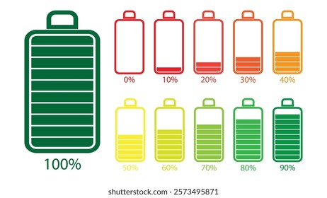 Isolate of battery charge flat icons in multiple colors since 0% to 100% for battery charging indicator by vector illustration and EPS file.