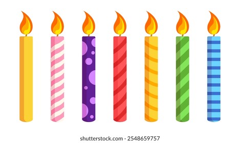 Isolate Birthday candles vector iset, Celebration llustration set on white background. Festive clip art, Colorful candle used on birthday cake and Greeting Card, vector stock