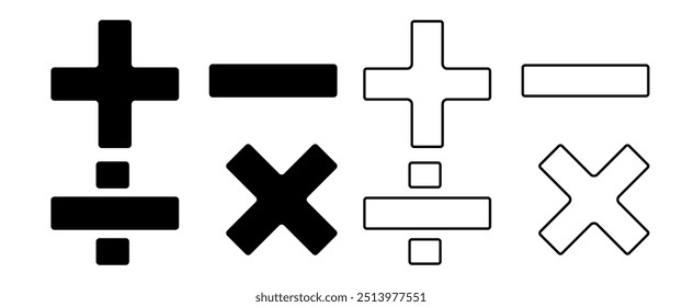 Conjunto de iconos de matemáticas negras aisladas, más, menos, multiplicar, dividir, símbolo de iconos de contorno, ilustración de matemáticas y Educación, Elementos gráficos mínimos modernos, stock de Vectores (editable)