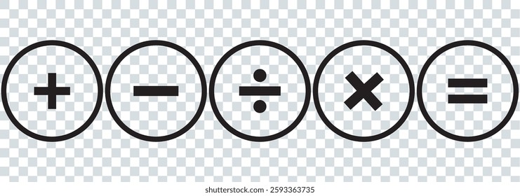 Isolate Black Math Icon set, Plus, Minus, Multiply, Divide Outline Icons symbol, Math and Education illustration, Modern minimal Graphic elements, Vector stock (Editable)