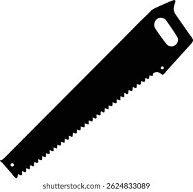 Isolate black silhouette of a hand saw presents the edge of the blade with carpentry tool. The handle suggests comfort and control, vital for accurate cuts.