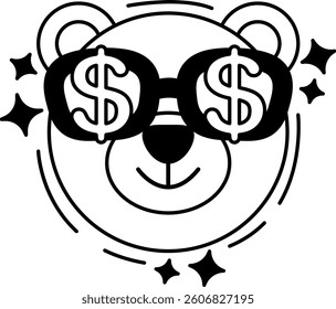 isolate  black and white illustration of Bear with dollar bill glasses 