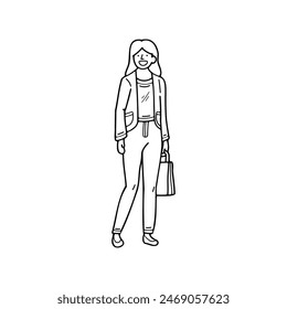 isolate black and white illustration of businesswoman character on background