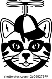 isolate black and white illustration of Cat wearing a propeller cap