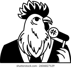 isolate black and white illustration of Chicken in a suit and holding a microphone