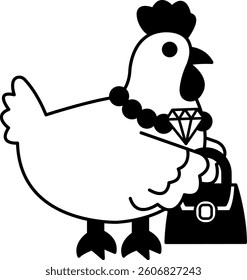 isolate black and white illustration of Chicken with a pearl necklace holding a bag