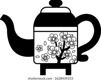isolate black and white illustration of chinese tea pot