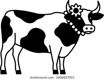 isolate black and white illustration of Cow wearing a pearl necklace