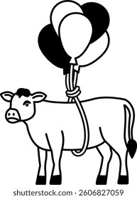 isolate black and white illustration of Cow wrapped in balloons