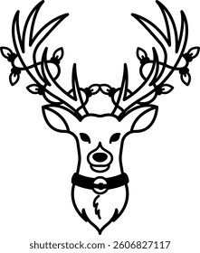 isolate black and white illustration of Deer wearing a collar and wires wrapped around his antlers