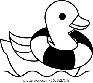 isolate black and white illustration of Duck with swim ring
