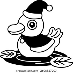 isolate black and white illustration of Duck with Santa hat and red cape