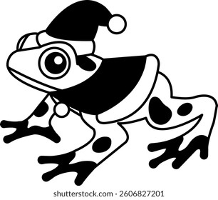isolate black and white illustration of Frog in a Santa hat