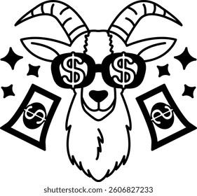 isolate black and white illustration of Goat wearing dollar glasses and dollar bills