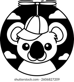 isolate black and white illustration of Koala wearing a propeller cap