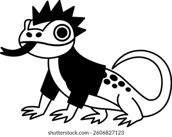 isolate black and white illustration of The lizard has a spiked hairstyle