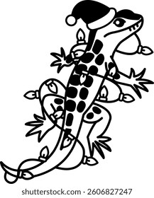 isolate black and white illustration of Lizard with Santa hat and wires wrapped around body