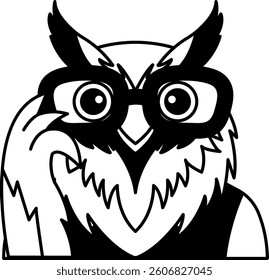 isolate black and white illustration of Owl with glasses and shirt